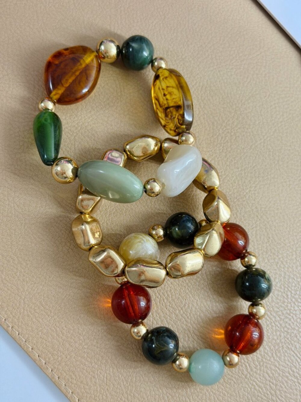 Colorful Stackable Beaded Bracelets Mixed Acrylic Stones Gold Statement Jewelry